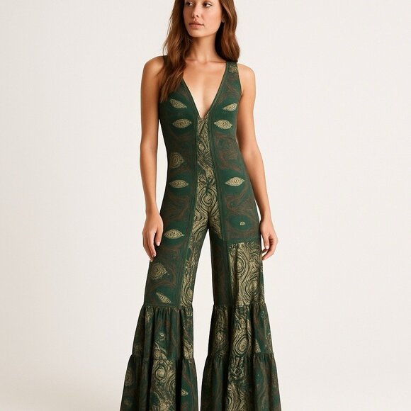 EARTHBOUND jumpsuit tiered wide leg hippie boho bohemian floral retro MEDIUM - Picture 1 of 9